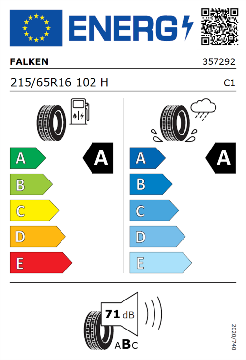 Tyre Label for Falken E.Ziex 215/65R16 102H